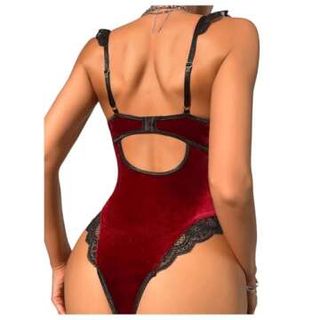 SHENHE Women's Velvet Sleeveless Backless Lace Ruffle Trim Teddy Lingerie Bodysuit Burgundy S