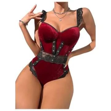 SHENHE Velvet Backless Lace Ruffle Teddy Bodysuit