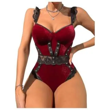 SHENHE Velvet Backless Lace Ruffle Teddy Bodysuit