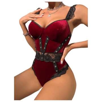 SHENHE Velvet Backless Lace Ruffle Teddy Bodysuit