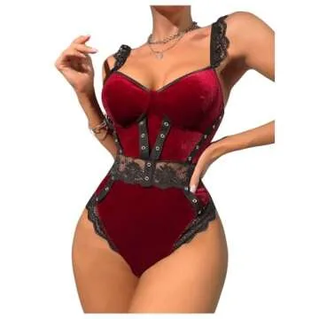 SHENHE Velvet Backless Lace Ruffle Teddy Bodysuit