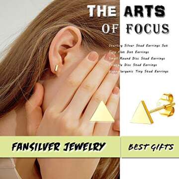 Fansilver 4 Pairs 925 Sterling Silver Disc Stud Earrings Tiny Dot/Mini Bar/Circle/Triangle Disc Stud Earrings Small Geometric Stud Earrings Set Hypoallergenic Jewelry Gold