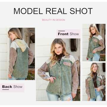 Dokotoo Womens Ladies Corduroy Jackets Long Sleeve Flannel Shirts Button Down Coats Contrast Color Block Oversized Hooded Winter Fall 2024 Shacket Jackets with Pockets Green Medium