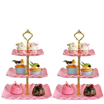 2 Pack of 3 Tier Cupcake Stand, Plastic Tiered Serving Stand, Square Dessert Tray for Tea Party, Bab...