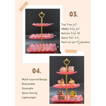 2 Pack of 3 Tier Cupcake Stand, Plastic Tiered Serving Stand, Square Dessert Tray for Tea Party, Baby Shower and Wedding (Pink)
