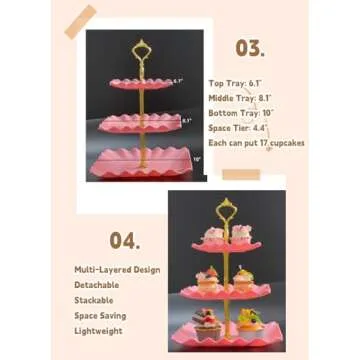 2 Pack of 3 Tier Cupcake Stand, Plastic Tiered Serving Stand, Square Dessert Tray for Tea Party, Baby Shower and Wedding (Pink)