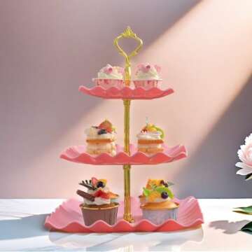 2 Pack of 3 Tier Cupcake Stand, Plastic Tiered Serving Stand, Square Dessert Tray for Tea Party, Baby Shower and Wedding (Pink)