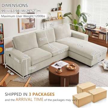ASHOMELI 99“ Convertible Sectional Sofa,L Shaped Couch,Multi-Functional Reversible Sofa with USB a...