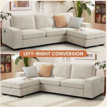 ASHOMELI 99“ Convertible Sectional Sofa,L Shaped Couch,Multi-Functional Reversible Sofa with USB and Type-C Charging Ports, Storage Space, Breathable Fabric (Beige)