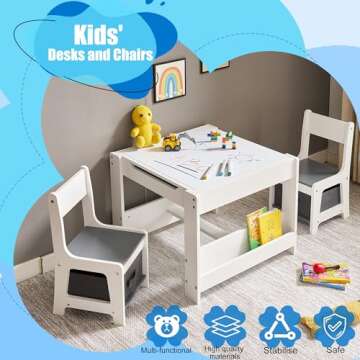 GTOLV Kids Table and Chair Set, 4 in 1 Wooden Activity Table with Bookshelves and Storage Drawer, 2 ...