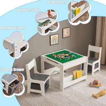 GTOLV Kids Table and Chair Set, 4 in 1 Wooden Activity Table with Bookshelves and Storage Drawer, 2 in 1 Detachable Tabletop Construction Play Table Set for Toddlers Drawing, Reading