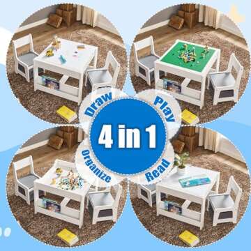 GTOLV Kids Table and Chair Set, 4 in 1 Wooden Activity Table with Bookshelves and Storage Drawer, 2 in 1 Detachable Tabletop Construction Play Table Set for Toddlers Drawing, Reading