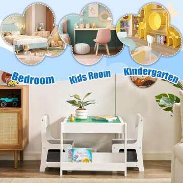 GTOLV Kids Table and Chair Set, 4 in 1 Wooden Activity Table with Bookshelves and Storage Drawer, 2 in 1 Detachable Tabletop Construction Play Table Set for Toddlers Drawing, Reading