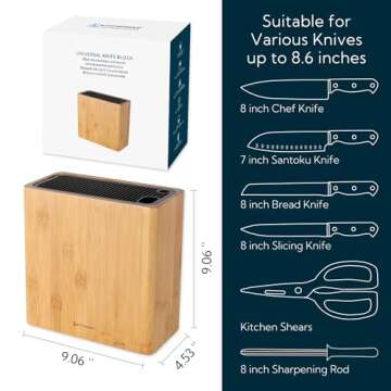 KITCHENDAO XL Bamboo Universal Knife Block Holder with Slots for Scissors and Sharpening Rod, Safe, Space Saver Knives Storage Stand Display without Knives, Unique Slot Design to Protect Blade