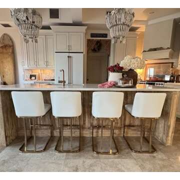 MAISON ARTS Bar Stools Set of 2, 24 Inch Counter Height Barstools with Back, Modern Upholstered Faux Leather Bar Chairs for Kitchen Island Home Bar, Gold Metal Frame, Footrest, Off White