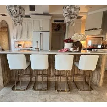 MAISON ARTS Bar Stools Set of 2, 24 Inch Counter Height Barstools with Back, Modern Upholstered Faux Leather Bar Chairs for Kitchen Island Home Bar, Gold Metal Frame, Footrest, Off White