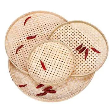 100% Handwoven Flat Wicker Round Fruit Basket Woven Food Storage Weaved Shallow Tray Organizer Holder Bowl Decorative Rack Display Kids DIY Drawing Board (Sqaure Hollow-Bamboo White, 18cm/7")
