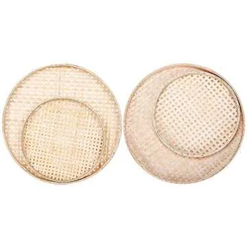 100% Handwoven Flat Wicker Round Fruit Basket Woven Food Storage Weaved Shallow Tray Organizer Holder Bowl Decorative Rack Display Kids DIY Drawing Board (Sqaure Hollow-Bamboo White, 18cm/7")