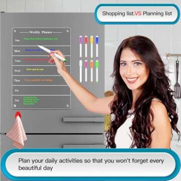 Todkoding 9"x13" Clear Weekly Meal Planner Magnetic Acrylic Board,Acrylic Magnetic Dry Erase Board for Fridge, Magnet Week Calendar for Refrigerator Includes 6 Colors Markers and Pen Container
