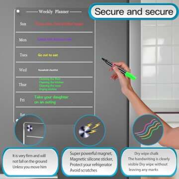 Todkoding 9"x13" Clear Weekly Meal Planner Magnetic Acrylic Board,Acrylic Magnetic Dry Erase Board for Fridge, Magnet Week Calendar for Refrigerator Includes 6 Colors Markers and Pen Container