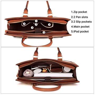 Telena Leather Briefcase for Women, 15.6 Inch Laptop Tote Bag Business Work Briefcase, Large Capacity Handbag Bag, Brown and Beige