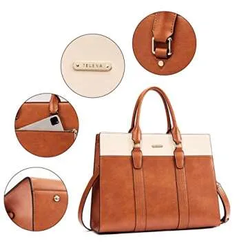 Telena Leather Briefcase for Women, 15.6 Inch Laptop Tote Bag Business Work Briefcase, Large Capacity Handbag Bag, Brown and Beige