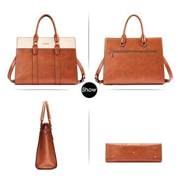 Telena Leather Briefcase for Women, 15.6 Inch Laptop Tote Bag Business Work Briefcase, Large Capacity Handbag Bag, Brown and Beige
