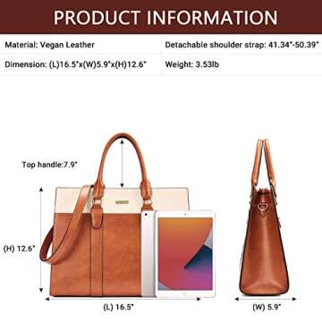 Telena Leather Briefcase for Women, 15.6 Inch Laptop Tote Bag Business Work Briefcase, Large Capacity Handbag Bag, Brown and Beige
