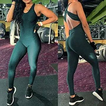 FITTOO Womens Sexy Backless Workout Romper Jumpsuit Textured One Piece Activewear Green XL