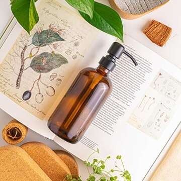 Vine Creations Amber Glass Soap Dispenser, 2 Pack Kitchen Soap Dispenser Set with Stainless Steel Pump, 16 oz Hand Soap Dispenser Bathroom, Dish Soap Dispenser for Kitchen with Waterproof Labels