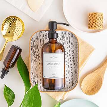 Vine Creations Amber Glass Soap Dispenser, 2 Pack Kitchen Soap Dispenser Set with Stainless Steel Pump, 16 oz Hand Soap Dispenser Bathroom, Dish Soap Dispenser for Kitchen with Waterproof Labels