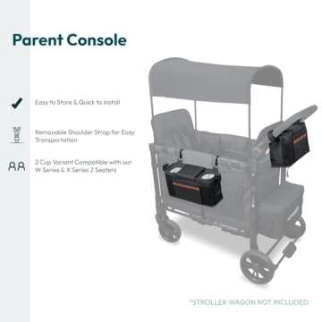 WONDERFOLD Parent Console Stroller Organizer with 2 Insulated Cup Holders, Hook and Loop Closure Handle Attachment, 2 Storage Pockets, and Removable Shoulder Strap for Easy Transport, Volcanic Black