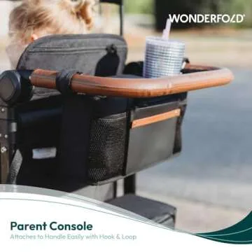 WONDERFOLD Parent Console Stroller Organizer with 2 Insulated Cup Holders, Hook and Loop Closure Handle Attachment, 2 Storage Pockets, and Removable Shoulder Strap for Easy Transport, Volcanic Black