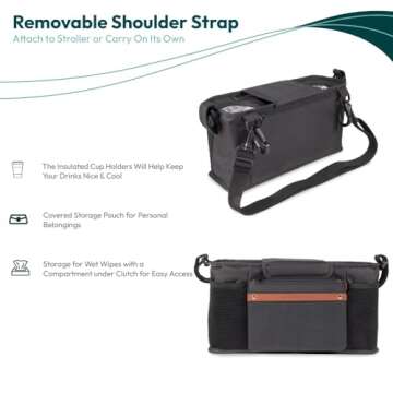 WONDERFOLD Parent Console Stroller Organizer with 2 Insulated Cup Holders, Hook and Loop Closure Handle Attachment, 2 Storage Pockets, and Removable Shoulder Strap for Easy Transport, Volcanic Black