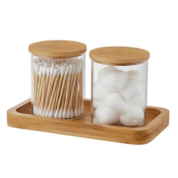 INIUNIK Glass Qtip Holder with Bamboo Tray for Bathroom Organization