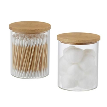 INIUNIK Glass Qtip Holder with Bamboo Tray for Bathroom Organization
