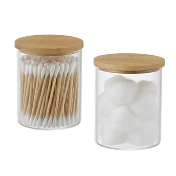 INIUNIK Glass Qtip Holder with Bamboo Tray for Bathroom Organization