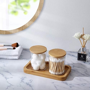 INIUNIK Glass Qtip Holder with Bamboo Tray for Bathroom Organization