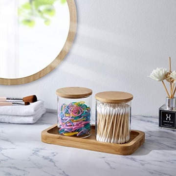 INIUNIK Glass Qtip Holder with Bamboo Tray for Bathroom Organization