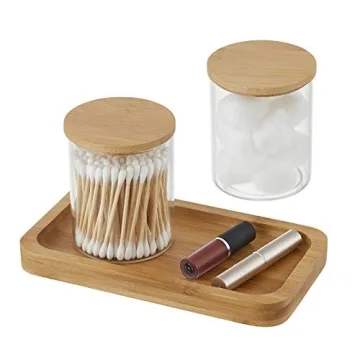 INIUNIK Glass Qtip Holder with Bamboo Tray for Bathroom Organization
