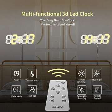 COVERY Digital Wall 3D Clock, Led Desk Clocks, 10 '' Large Number for Bedroom, Living Room, Home and Office - Alarm, Snooze, Temperature, Remote, Nightlight, Auto Light Brightness