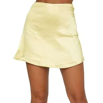 LYANER Women's Satin Mini Skirt High Waist Solid Yellow