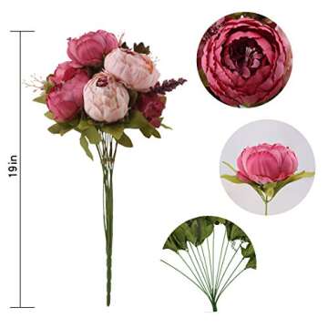 Flojery Silk Peony Bouquet Vintage Artificial Peonies Flower for Home Wedding Party Decor (1pcs, Dark Pink)
