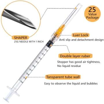 Ulove Prs 25 Pack 1ml Industrial Syringes with 25Ga 1 Inch Needle, Plastic Disposable Syringe and ne...