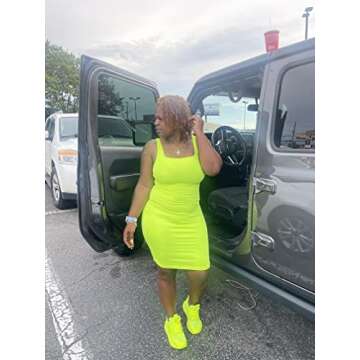 LAGSHIAN Women's Sexy Bodycon Tank Dress Sleeveless Basic Midi Club Dresses Fluorescent Green