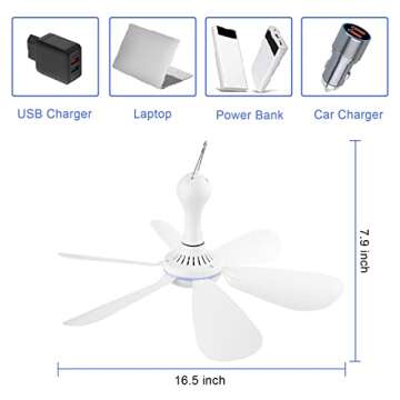 SCOOYEEES Silent USB Powered Ceiling Fan with Remote Control Timing 4 Speed, Quiet Small DC Plug in Ceiling Fan Hanging Fan for Camping Bed RV Tent Canopy Room