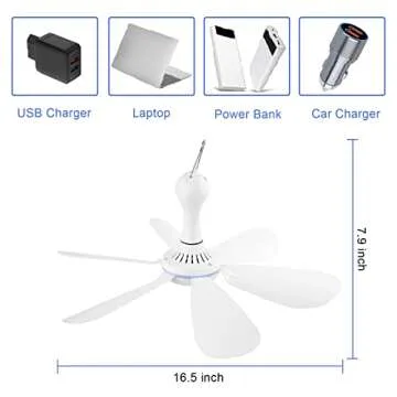 SCOOYEEES Silent USB Powered Ceiling Fan with Remote Control Timing 4 Speed, Quiet Small DC Plug in Ceiling Fan Hanging Fan for Camping Bed RV Tent Canopy Room