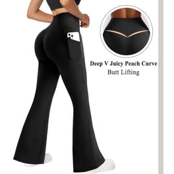 OMKAGI Women Flared Yoga Pants with Pockets Soft High Waisted Wide Leg Workout Leggings(S,Black-233)