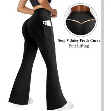 OMKAGI Women Flared Yoga Pants with Pockets Soft High Waisted Wide Leg Workout Leggings(S,Black-233)