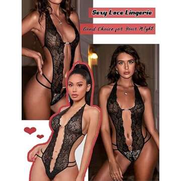 Avidlove Womens Lingerie Halter V Neck Lace Teddy Bodysuit Mini Babydoll Black X-Small
